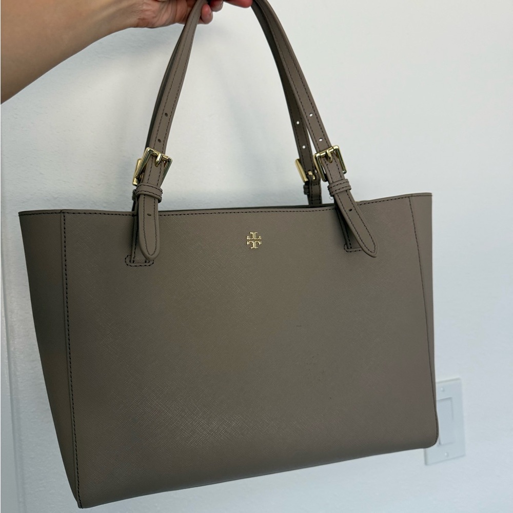 Tory Burch Gray Leather Tote with Gold Accents for sale